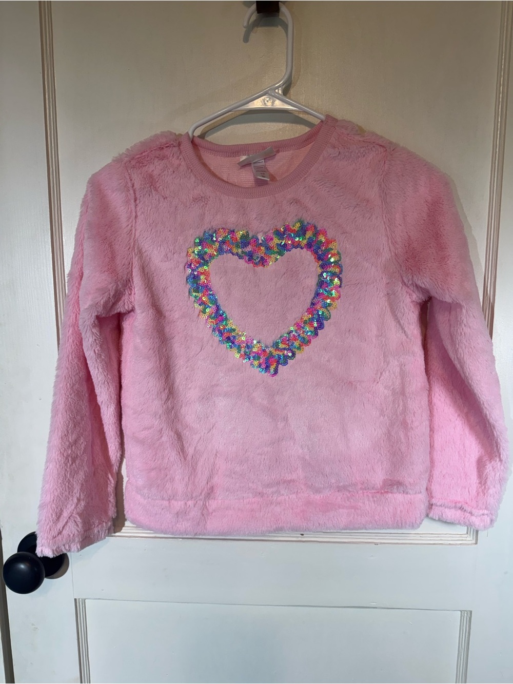 Girls' Pink Fuzzy Heart Sequin Sweatshirt
